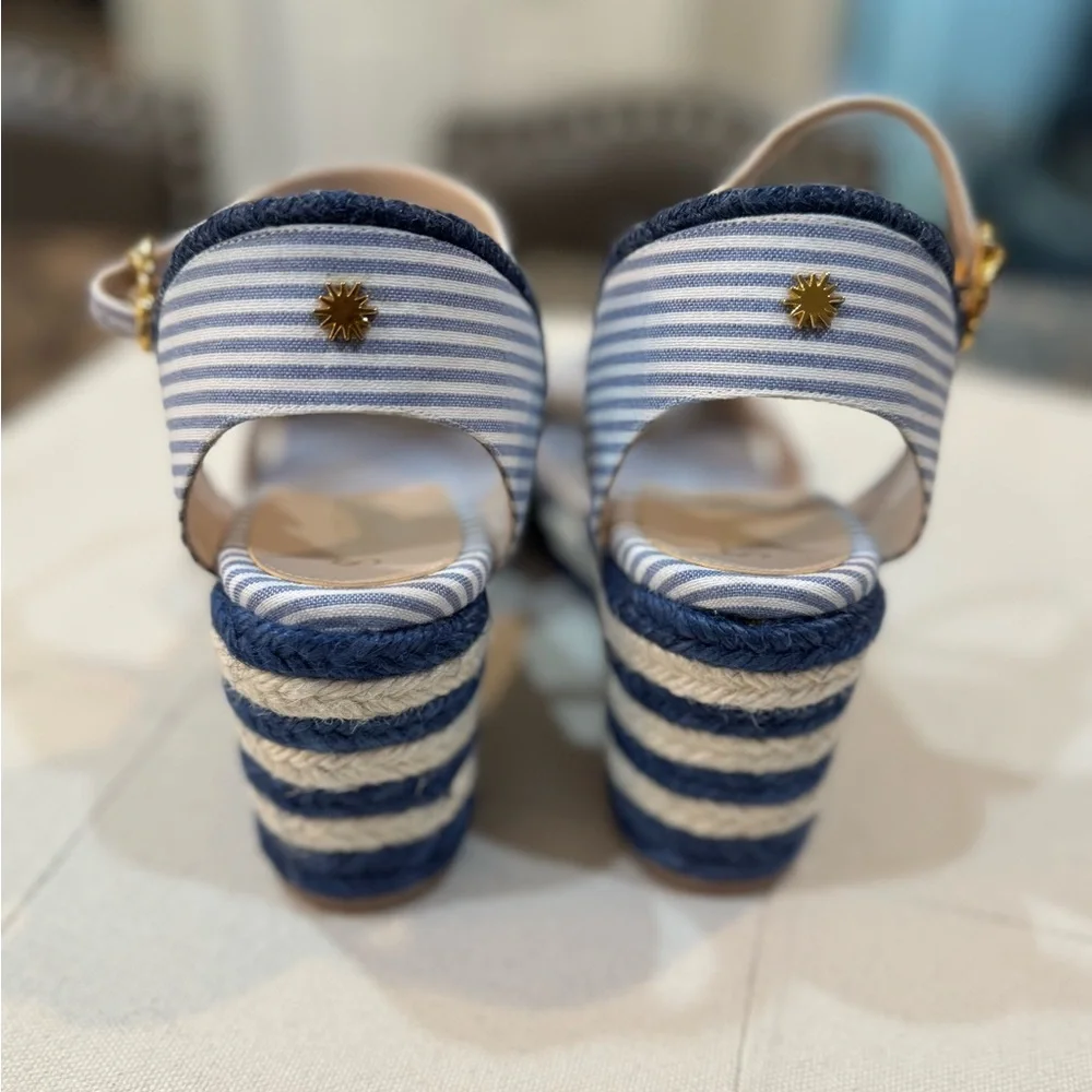 Stuart Weitzman Navy and White Striped Espadrille Wedges